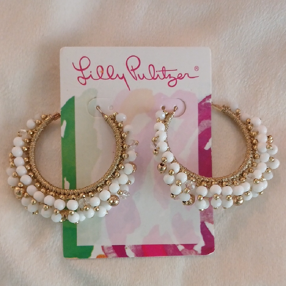 Lilly Pulitzer Gold and White Beaded Hoop Earrings
